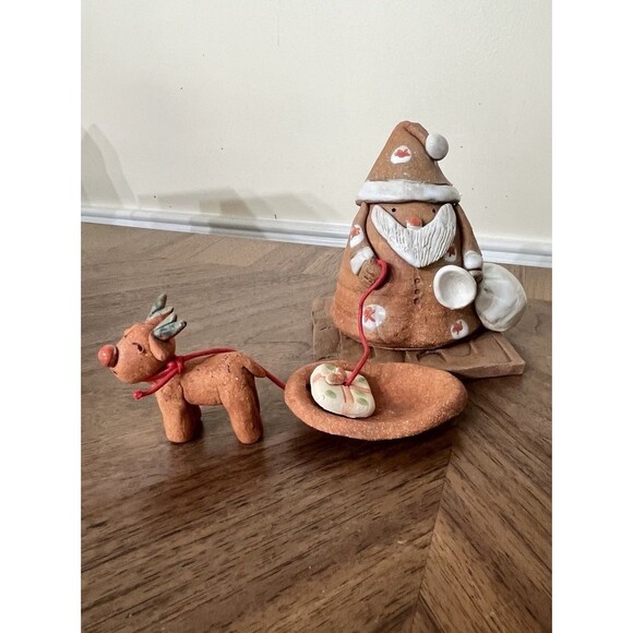 Santa Wood Sign Hand Painted/Red Clay Santa Rudolph Luminary Votive Holder VTG - Picture 11 of 16